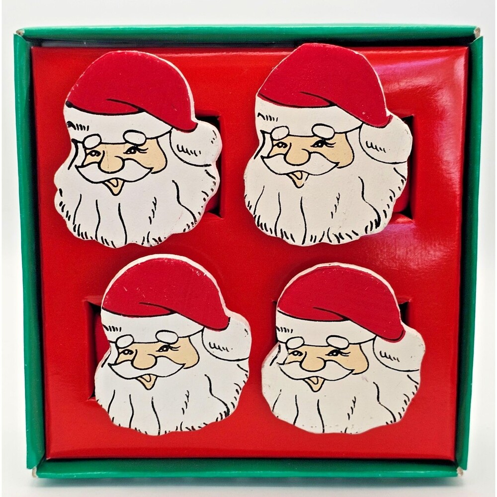 Vintage Santa Napkin Rings Wooden With Santa's Face Hedaya Brothers 4 in Set NIB